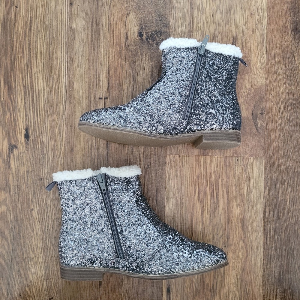 Gap Kids Girls Pewter Grey Glitter Ankle Boots Faux Shearling Fur Trim Size 3 - Picture 2 of 10